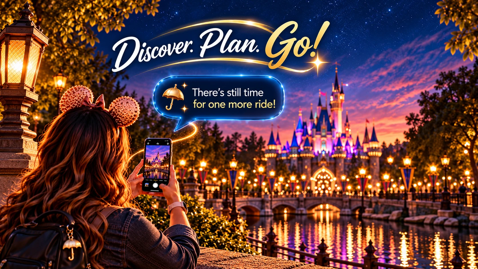 Discover. Plan. Go! A guest photographs the castle as Jiminy says, There’s still time for one more ride!