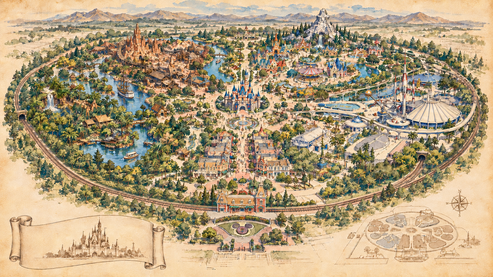 Illustrated Disneyland park map shown while the route list is empty.