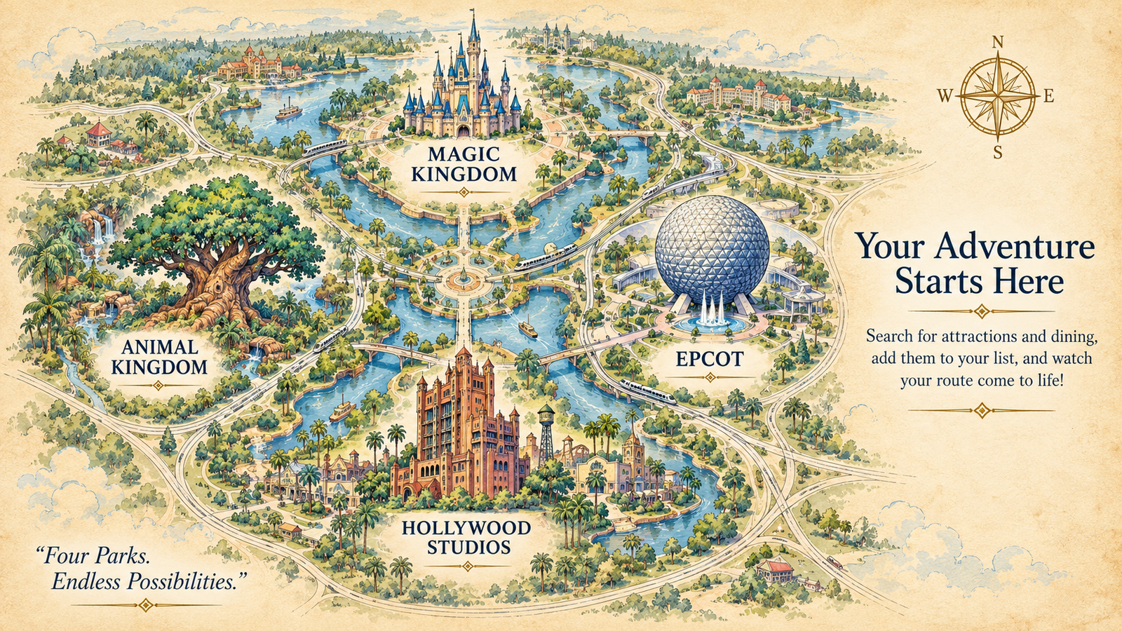 Illustrated Walt Disney World route preview featuring Magic Kingdom, EPCOT, Hollywood Studios, and Animal Kingdom